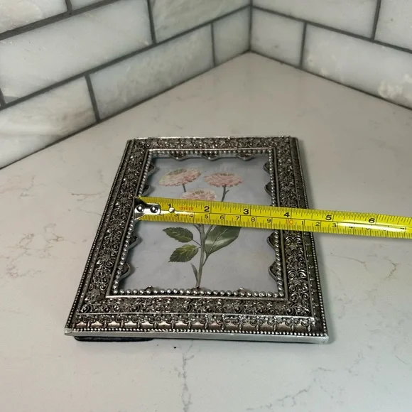 Pink Zinnia Flowers in a Vintage Azzure Home Pewter 5.5” x 3.5” Picture Frame - Picture 11 of 12